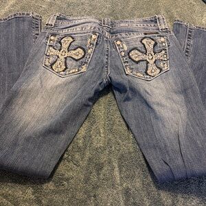 Miss Me Blue Boot Cut Jeans with Cross Embellishments